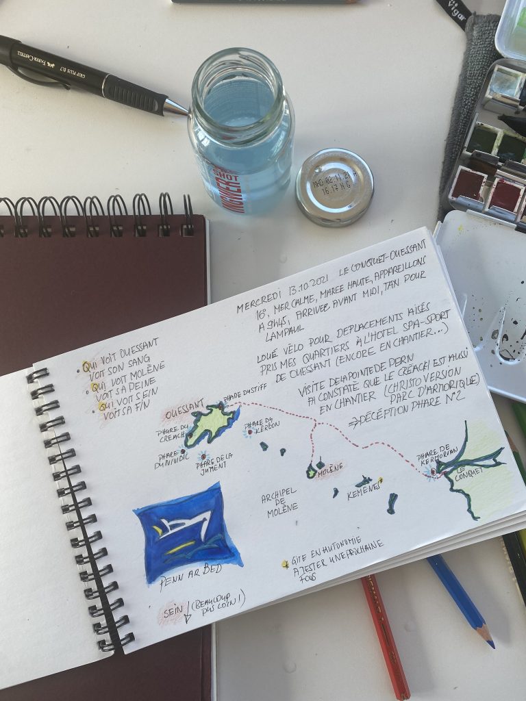 Carnet de voyage breton - voyage du Conquet à Ouessant - Travelogue Travelogue, Illustrated Map of the trip from Le Conquet to the Island of Ouessant. Carnet de voyage, carte maritime illustrant le trajet du Conquet à l'ile d'Ouessant