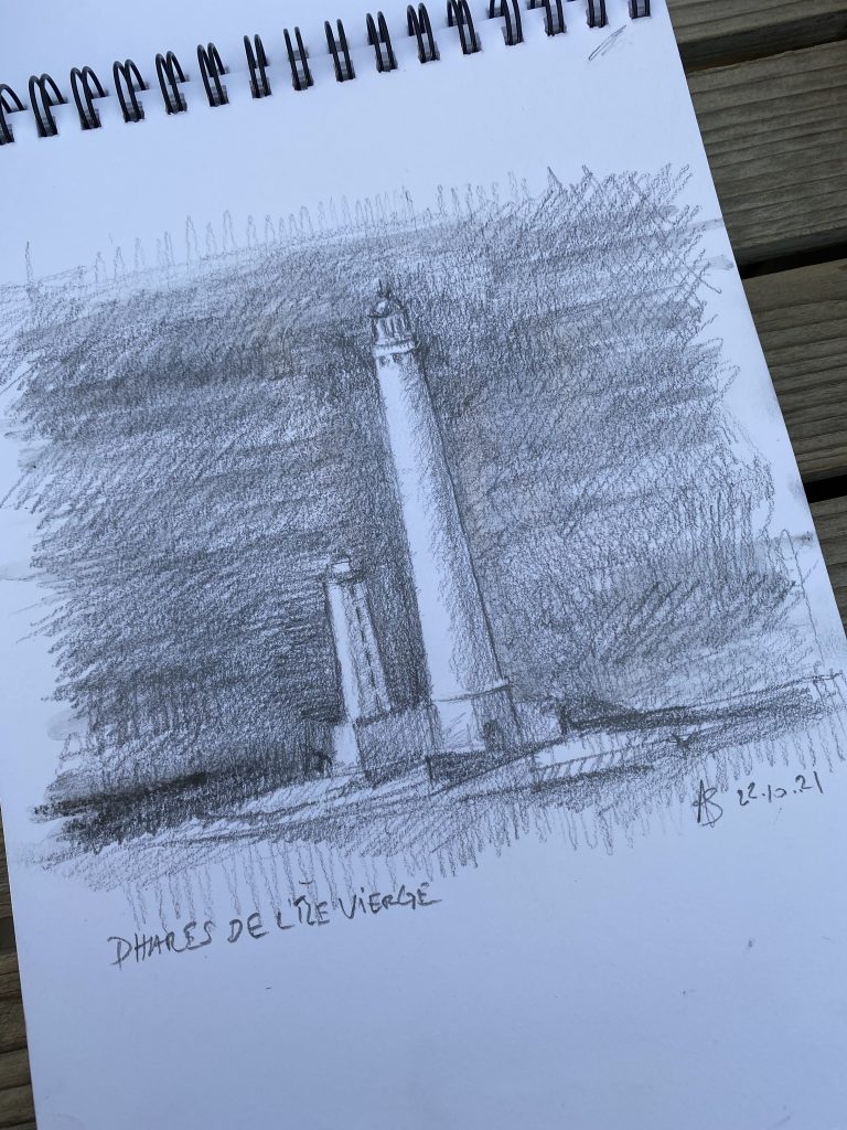 Phares de l'Ile Vierge - Lighthouses on the Ile Vierge Dessin au crayon Graphite des deux Phares de l'Ile Vierge. Sketching of the two lighthouses of l'Ile Vierge