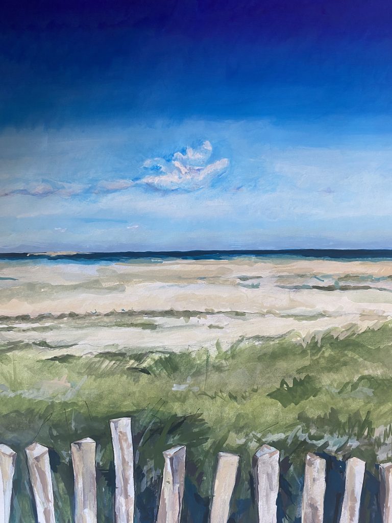 Paysage avec petit nuage et cloture en premier plan Paysage breton avec petit nuage et clôture herbes en premier plan. Seaside scenery of north-west Brittany with grasses and anti erosion fencing in forefront