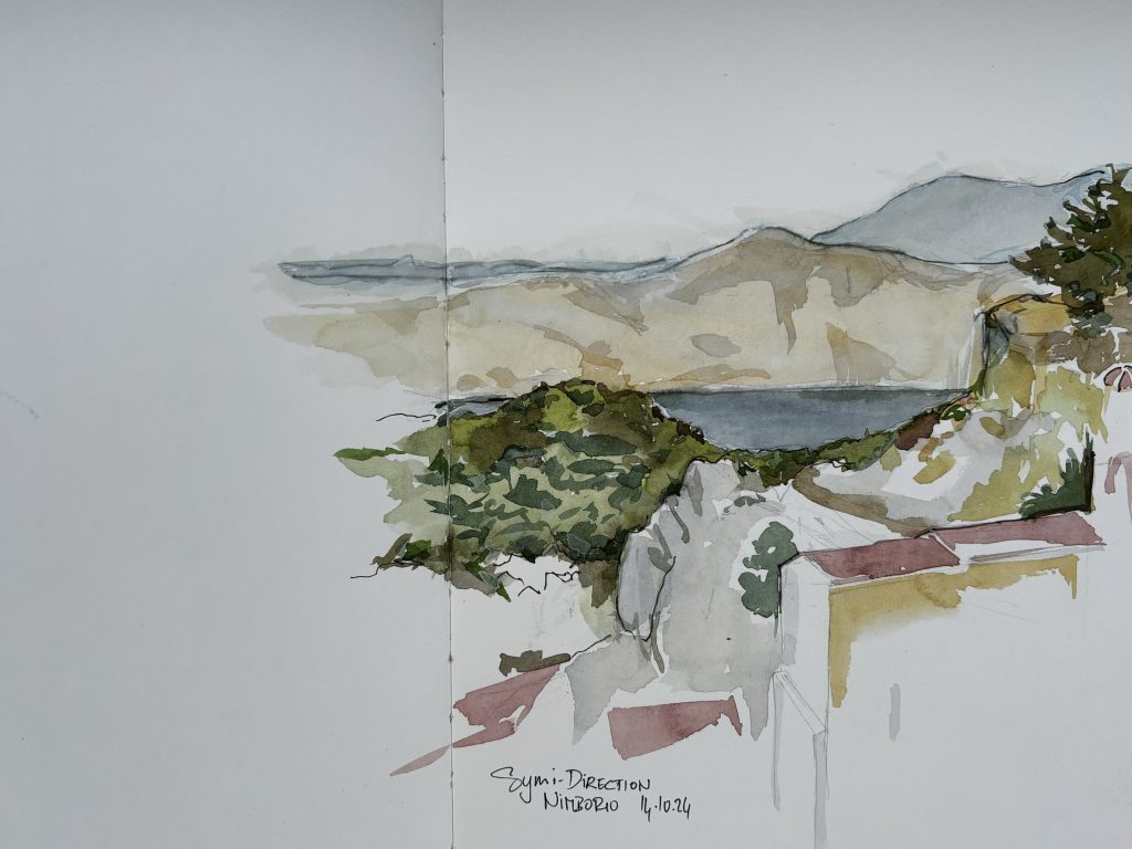 Symi, direction Nimboro Sea, islands, mountains and trees with a church in the forefront