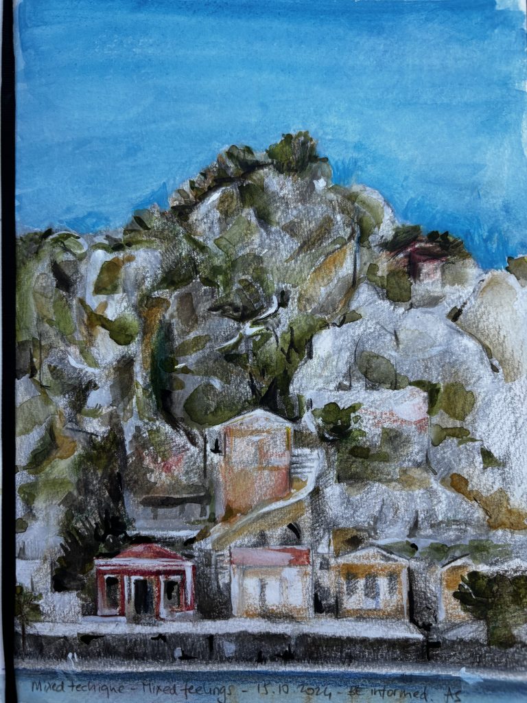 Mixed technique - mixed feelings Colorful houses on Symi Island