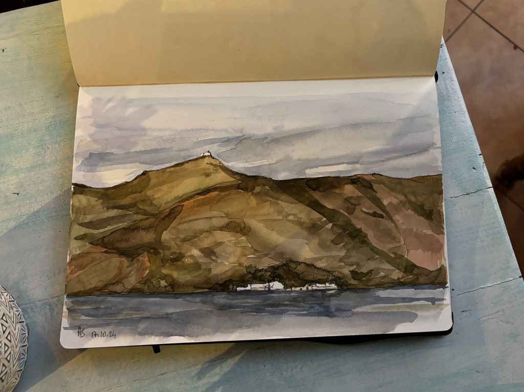 untitled Monastery of Patmos with small village or vineyard by the sea and mountain view