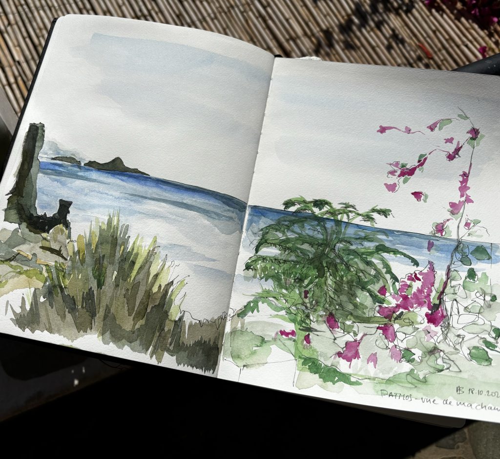 Patmos - vue de ma chambre Sea view with Bougainvilliers in forefront